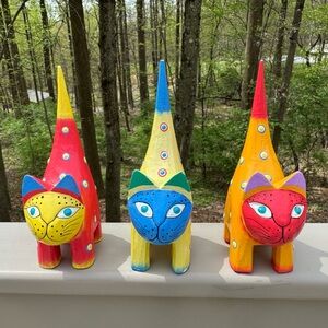 Set of 3 Whimsical Wooden Hand Painted Cats 6”H
